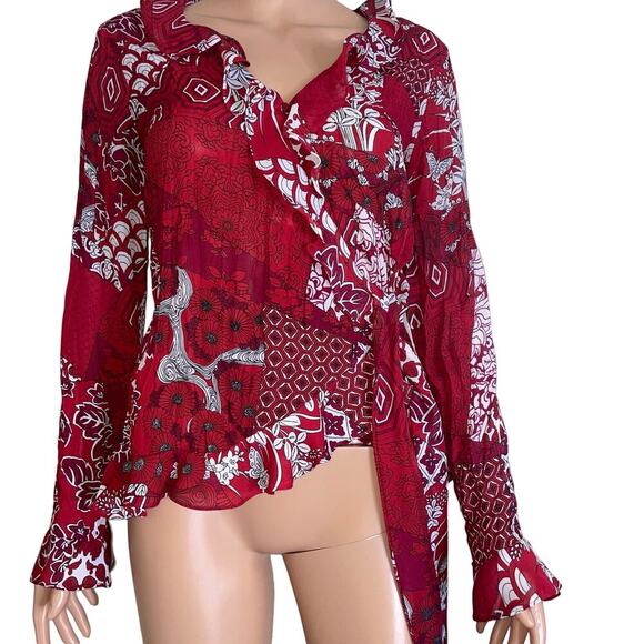 Sunny Leigh top blouse button wrap red/white crinkle material trumpet sleeves SM - Picture 2 of 11